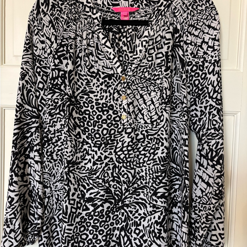 Lilly Pulitzer Silk Elsa Black & White Printed Long Sleeve Blouse